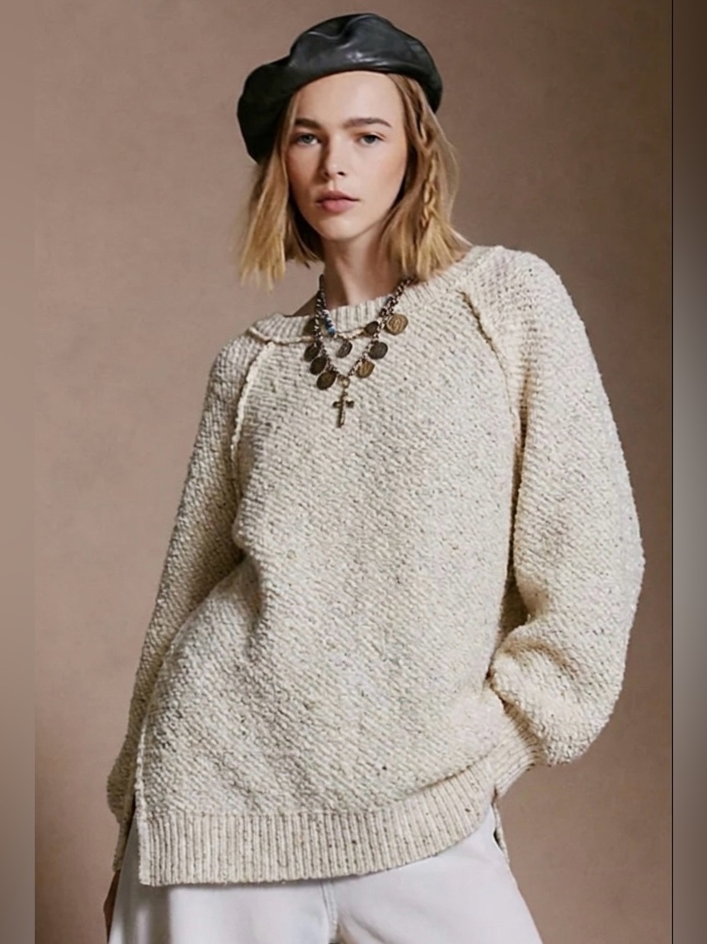 Free People Cream Scoop-Neck Knit Sweater